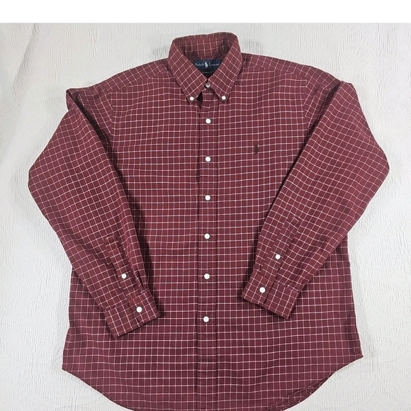 Ralph Lauren Button Down Shirt Mens Large Long Sleeve Burgundy Plaid Classic Fit - Picture 2 of 6
